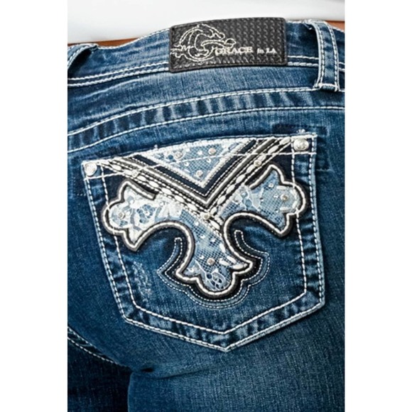 Grace in LA Women's Cross Embroidered Pockets Stretch Bootcut Jeans